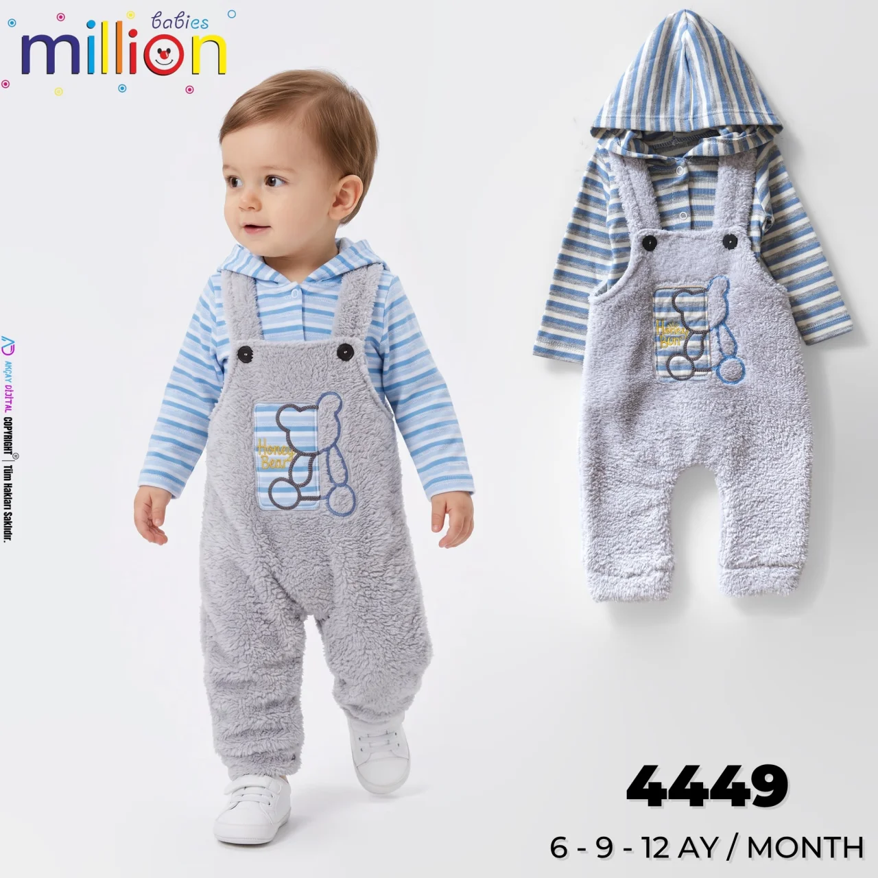 Million çizgili üst ve salopet giyen bebek